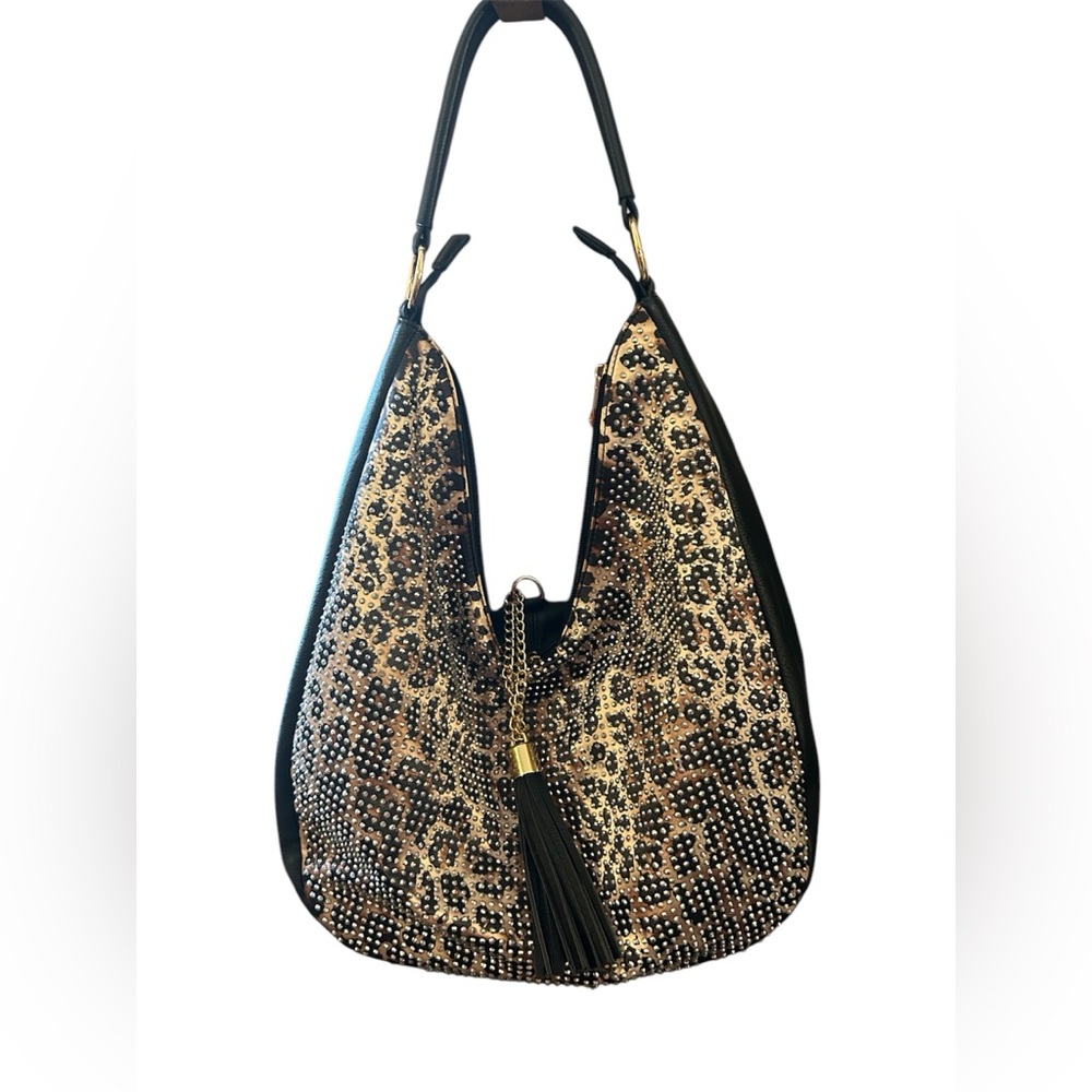 NWT Design Studio Leopard bling Large tote Bag with Leather Trim and Tassel